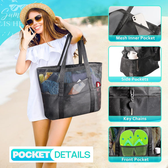 EASYFUN Beach Bag Large Mesh Beach Bag Lightweight Beach Tote with 9 Pockets Foldable Beach Accessories