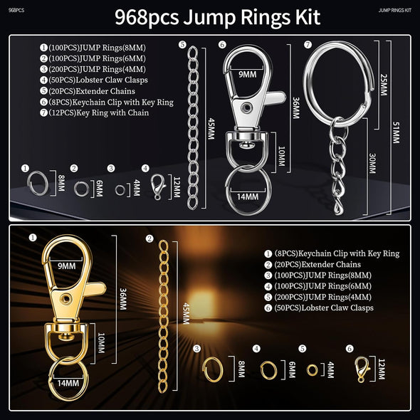 LEOBRO Jump Rings, 968Pcs Keychain Making Kit, Keychain Clip and Key Ring, Key Chain Rings, Lobster Claw Clasps for Keychains, Charm Bracelet Jewelry