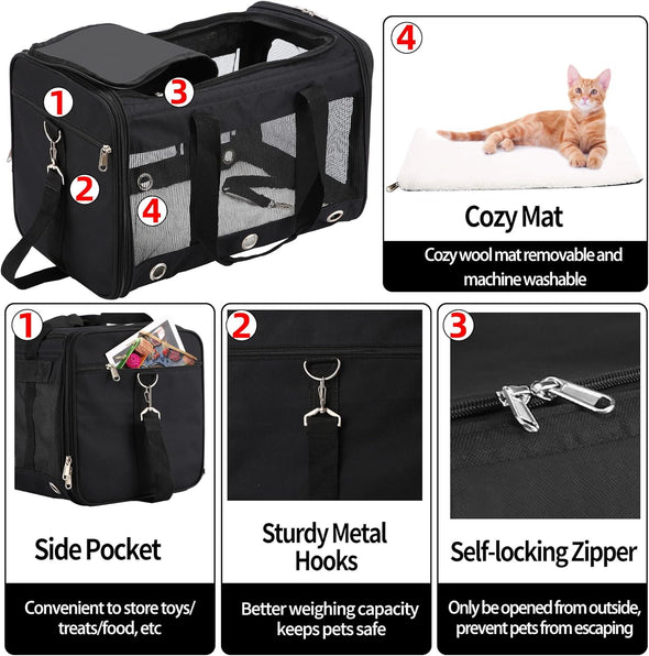 Soft Sided Cat/Dog Carrier,Collapsible Pets Travel Carriers for Pet/Puppy with Shoulder Strap & Removable Mat,Mesh Top Load Small Dogs/Cats Carry Bag up to 17 Lbs TSA Airline Approved（Black,M）