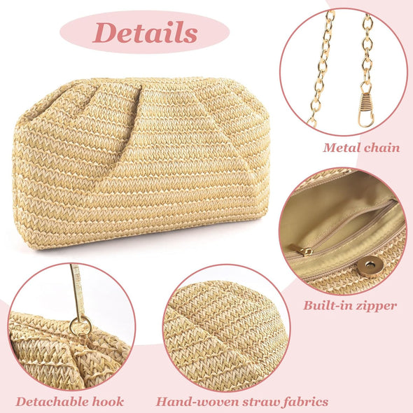 ERKOON Straw Clutch Purse Women, 2025 Summer Beach Crossbody Shoulder Handbag Boho Woven Envelope Cloud Dumpling Pouch Bag