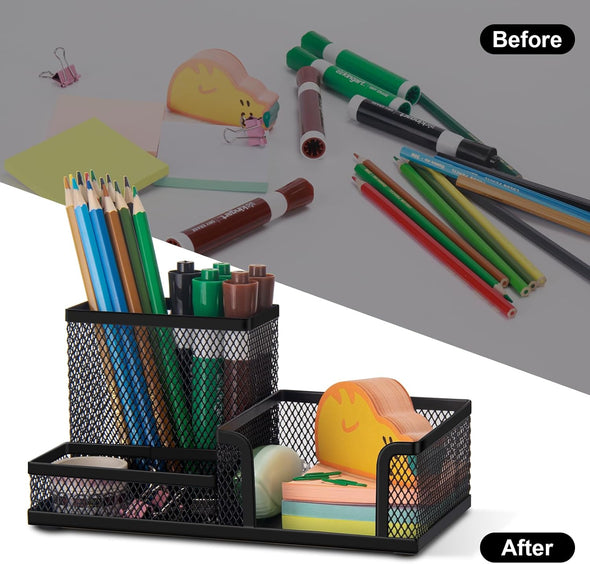 Comix Mesh Pen Pencil Holder Desk Organizer, 3 Compartment Wire Desktop Pen Pencil Cup Caddy Office Supplies Desk Accessories for Home Office School, Black