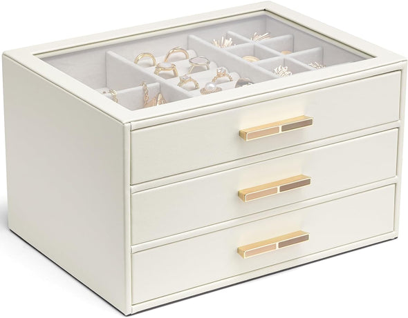 Vlando Jewelry Box for Women, Glass Lid Jewelry Organizer with 3 Drawers for Necklaces Rings Earrings Bracelets Mother Day Gift for Mom - Cloud White