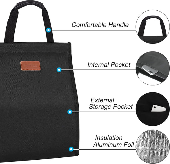 Lunch Bags for Women Insulated Reusable Lunch Tote with Internal Pocket, Adult Lunch Tote Bag for Work (Black