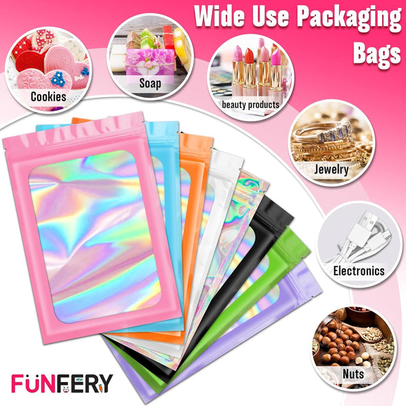Funfery 300 Pack 3 Size Mylar Holographic Bags with Clear Window,Resealable Bag Smell Proof Bags Zipper Foil Baggie Packaging Pouch for Food Storage,Sample,Small Business(Black,3X4.7,4X6,4.7X7.9In)