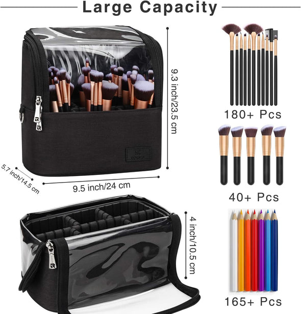 Makeup Brush Case Stand-Up Makeup Cup Travel Professional Cosmetic Bag Artist Storage Bag Large Makeup Brush Bag with Adjustable Divider (Large, Black)