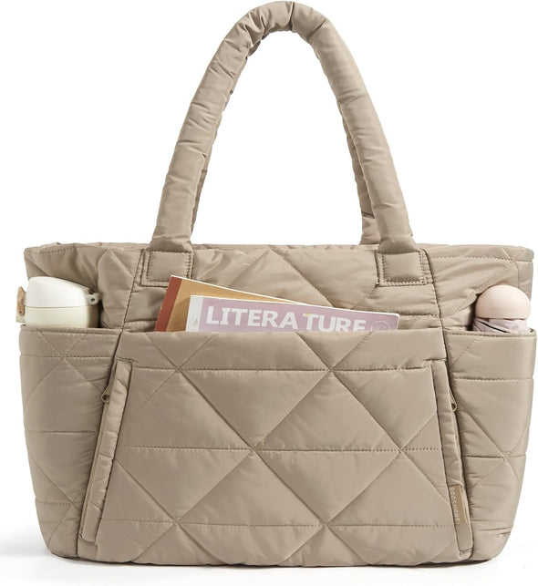 BAGSMART Tote Bag for Women, Puffy Tote Bag with Zipper, Large Quilted Shoulder Bag with Compartments for Travel, Work, Gym