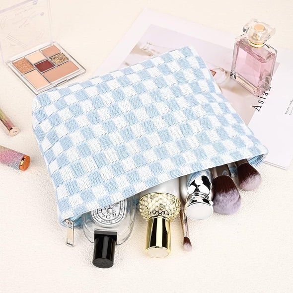 2 Pieces Makeup Bag Large Checkered Cosmetic Bag Capacity Canvas Mix Travel Toiletry Bag Organizer Cute Makeup Brushes Aesthetic Accessories Storage Bag for Women, Checkered Mix Blue