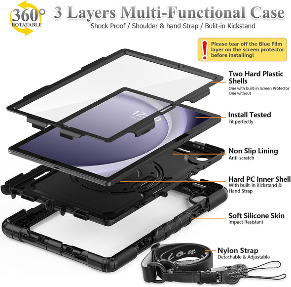 SEYMAC Stock Case for Samsung Galaxy Tab A9+ plus 11'', Full-Body Drop Protection Case with Screen Protector Pencil Holder [360° Rotating Hand Strap] &Stand, Black