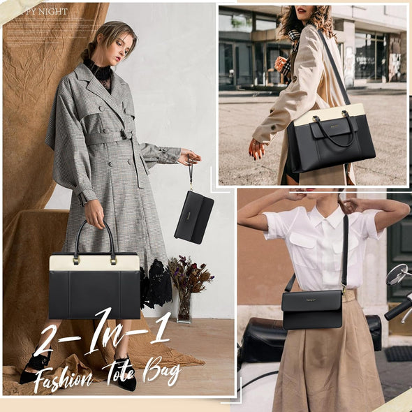 RAINSMORE Laptop Bag for Women 15.6 Inch Leather Laptop Tote Bag Large Computer Bags Waterproof Business Office Work Bags Briefcase with Satchel Purse 2Pcs Set, Black