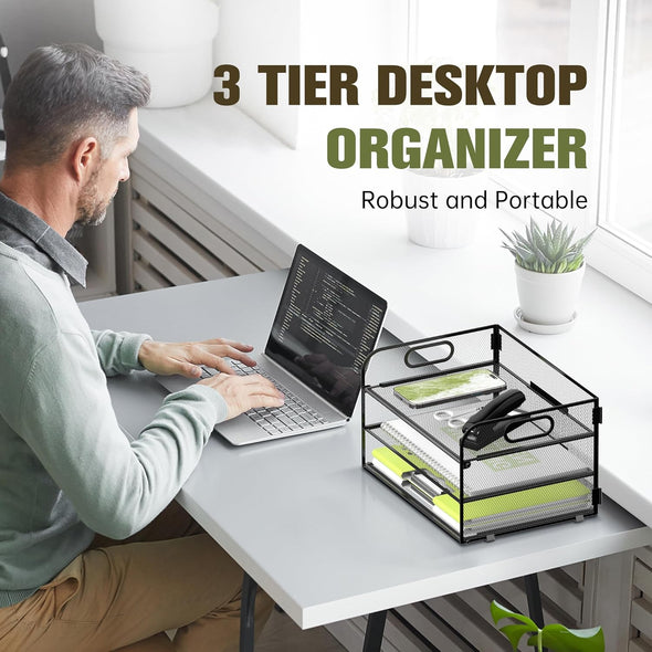 Daltack 3-Tier Paper Organizer with Handle, Mesh Desk Organizer Letter Tray, Paper Tray Organizer File Organizer for A4 File Folder, Black