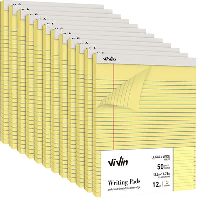 Vivin Legal Pads 8.5 X 11 Inch, Wide Ruled Note Pads, 12 Pack, 50 Sheet/Pad, Perforated Writing Pads, Notepads for Office Home School, 600 Sheets, Canary Yellow Paper