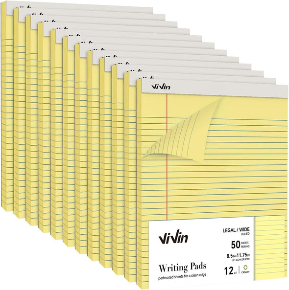 Vivin Legal Pads 8.5 X 11 Inch, Wide Ruled Note Pads, 12 Pack, 50 Sheet/Pad, Perforated Writing Pads, Notepads for Office Home School, 600 Sheets, Canary Yellow Paper