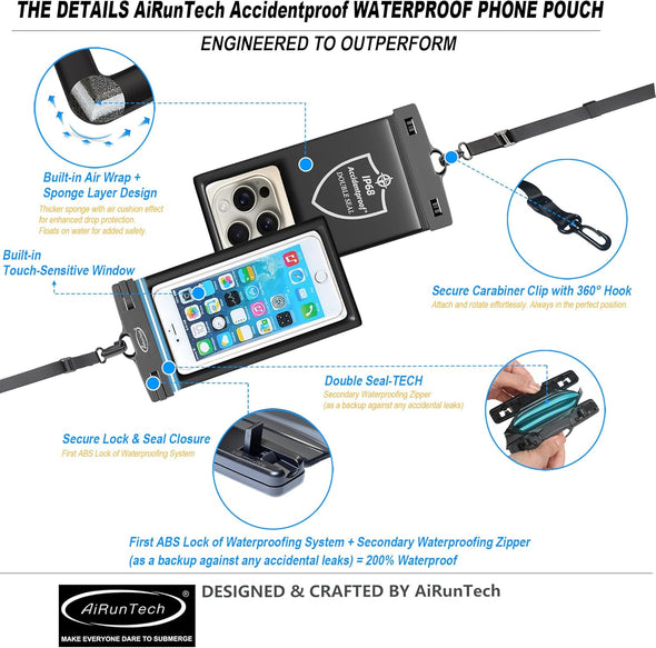 Airuntech Waterproof Phone Pouch,Waterproof Phone Case with Lanyard Protector for Iphone 15 14 13 12 11 Pro Max,Waterproof Cellphone Bag Beach Cruise Ship Essentials Vacation Accessories