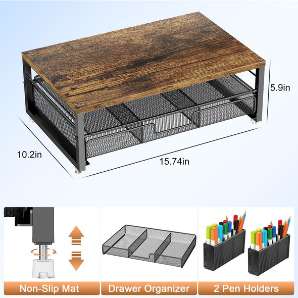 Gianotter Monitor Stand Riser, Desk Organizer with Drawer and Pen Holder, 2-Tier Computer Stand, Office Desk Accessories, Office Organization (Wood)