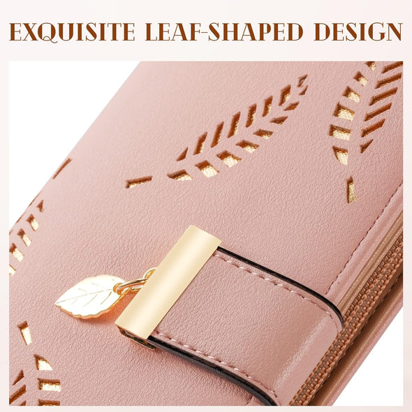 Women'S Long Leaf Bifold Wallet Leather Card Holder Purse Zipper Buckle Elegant Clutch Wallet Handbag for Women - Pink