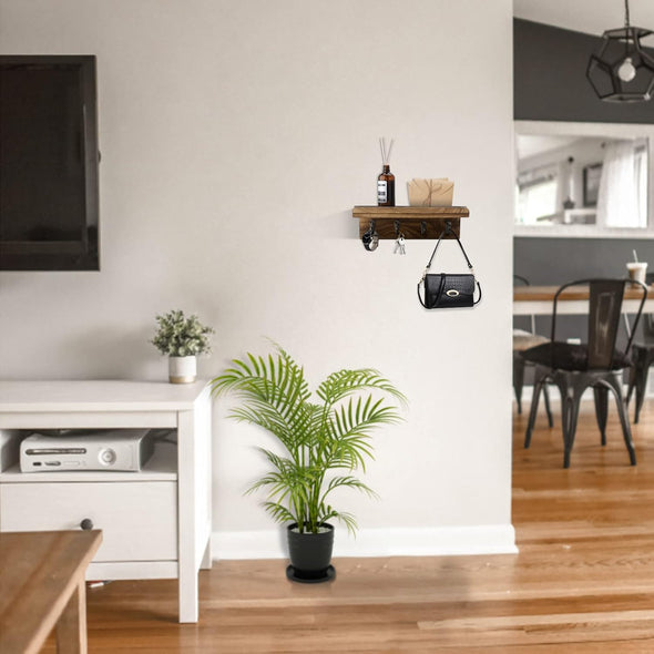 Rustic Key Holder for Wall, Farmhouse Wall Shelf with 4 Hooks, Wall Mounted Key Racks, Wooden Mail Organizer with Hooks for Entryway (Brown)