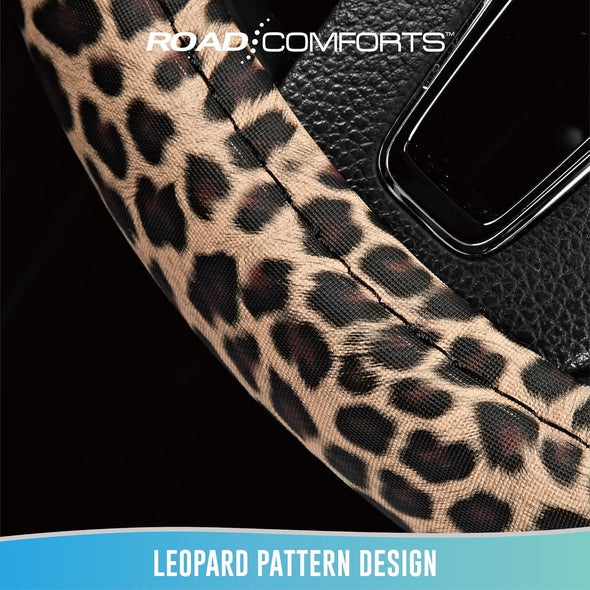 Road Comforts Leopard Steering Wheel Cover - Made with PVC Leather Cheetah Print - Anti-Slip, Universal Fit 14 1/2 Inches to 15 Inches - Black