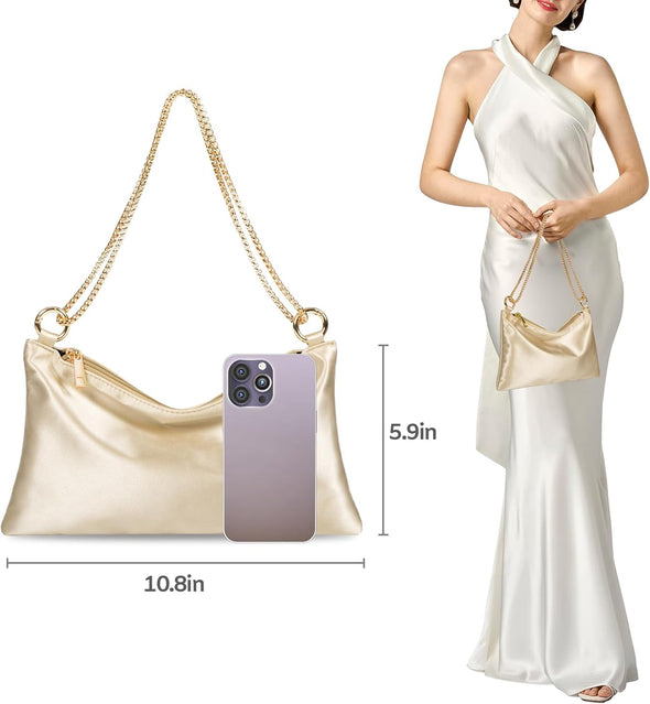 Women Satin Evening Handbag Wedding Prom Clutch Purse Formal Cocktail Party Clutches Shoulder Bag with 2 Bag Chains