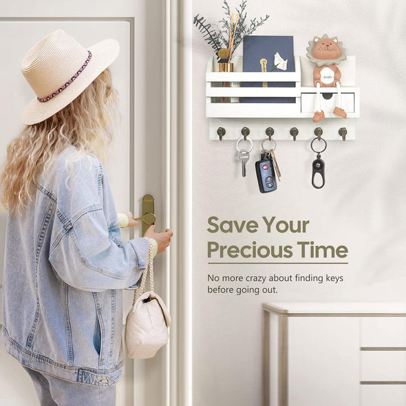Key and Mail Holder for Wall, Mail Organizer Wall Mount with 6 Hooks and Storage Drawer, Easy Installation Key Rack for Entryway and Home Decor (A-White)