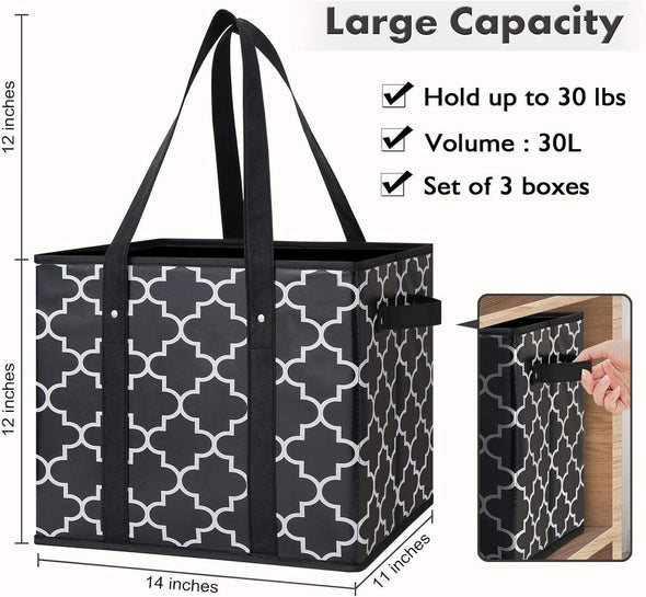 WISELIFE Reusable Grocery Bags 3-Pack Foldable Washable Large Storage Bins Basket Water Resistant Shopping Tote Bag Black