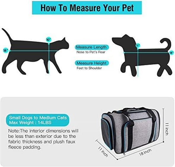 Siivton 4 Sides Expandable Pet Carrier, Airline Approved Soft-Sided Dog Cat Carrier Bag with Fleece Pad for Cats, Puppy and Small Animals (4 Extension Gray_Blue, L:18.0" L X 11.0" W X 11.0" H)