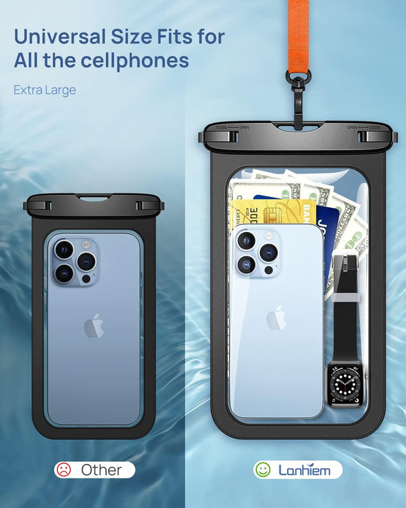 Lanhiem 10.5" Large Waterproof Phone Pouch, 2 Pack Universal IPX8 Waterproof Dry Bag with Lanyard for Iphone 16 15 14 Pro Max, Samsung Galaxy S25 S24 S23 Ultra, S24 FE, Pixel 9A 8 Pro, Black+Black
