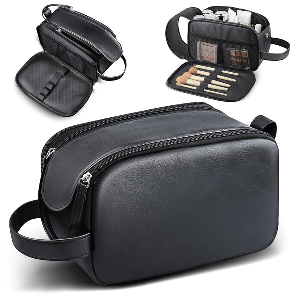 HOTOR Travel Toiletry Bag - Water Resistant Travel Essentials for Women and Men, Compact Leather Toiletries Organizer with Handle, Versatile Cruise Ship Essentials, Black, Medium