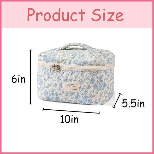 Uekeboag Large Travel Quilted Makeup Bag for Women, Floral Cotton Cosmetic Bag, Coquette Aesthetic Floral Toiletry Organizer Bag