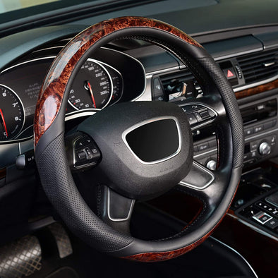 KAFEEK Wood Grain Steering Wheel Cover, Universal 15 Inch, Microfiber Leather,Anti-Slip, Odorless