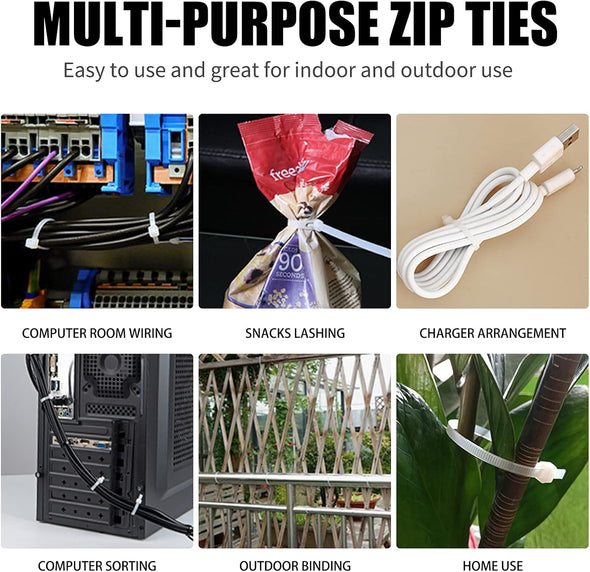 Cable Zip Ties,600 Piece Self-Locking Nylon Cableties,Assorted Sizes 4+6+8+10+12-Inch,Multi-Purpose Wire Management Plastic Ties,Perfect for Home,Garden,Office,Travel and Workshop.White
