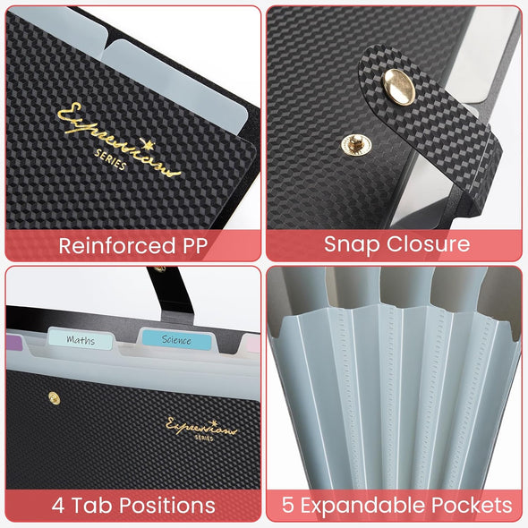 Sooez Expanding File Folder, Letter Size Accordion File Organizer, 5 Pocket Folders for Documents, Portable Filling Products for School Office Supplies, Black
