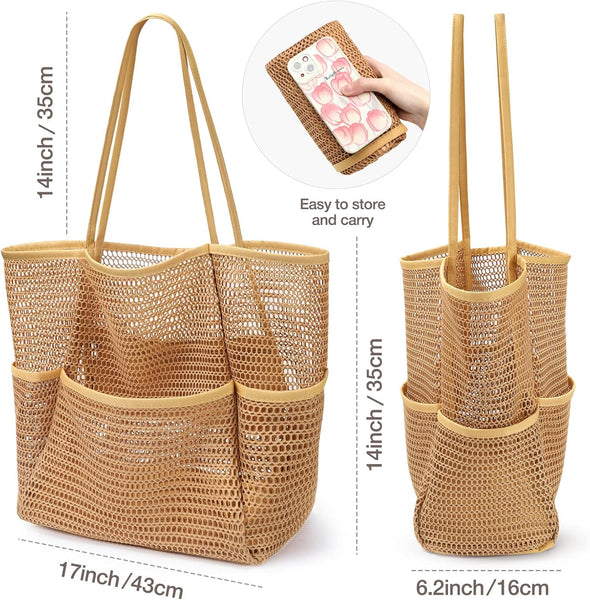 KPX Beach Bag with Mini Pocket, Beach Tote Bags for Women Large Foldable Mesh Swimming Pool Travel Bags - Sandproof