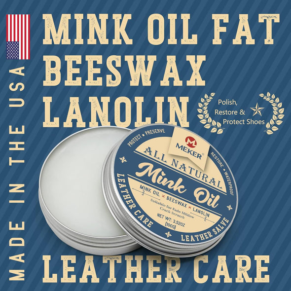 MEKER Mink Oil, Mink Oil for Leather Boots, All-Natural Leather Conditioner with Sponge, Restore Shoes, Jackets, Hats, Baseball Gloves, Saddles and Harnesses, 3.52Oz