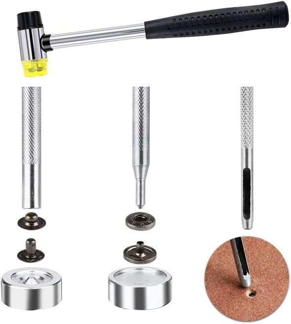 Qfun 120 Set Snap Fasteners Kit for Leather 12Mm Metal Button Snaps Press Studs with 4 Setter Tools, 1 Hammer, 4 Color Leather Snaps for Clothes, Jackets, Jeans Wears, Bracelets, Bags