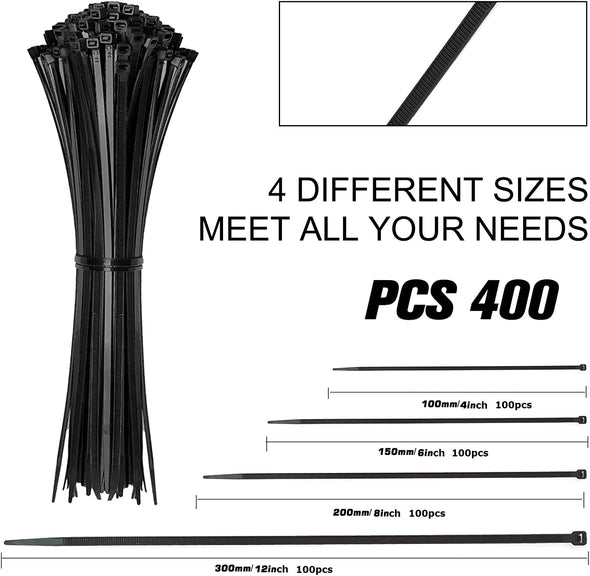 Cable Zip Ties,400 Pack Black Assorted Sizes 12+8+6+4 Inch,Multi-Purpose Self-Locking Nylon Cable Cord Management ,Plastic Wire Ties for Home,Office,Garden,Workshop. by HAVE ME TD