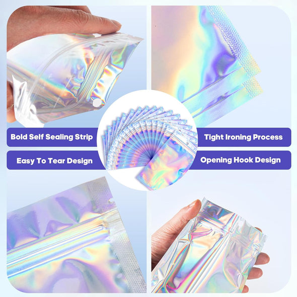 100 Pcs 2.7X9 Inch Holographic Pen Bags - Resealable Smell-Proof Packaging Bags for Party Favors, Food Storage, Cosmetics, Jewelry, Craft Supplies & Lip Gloss