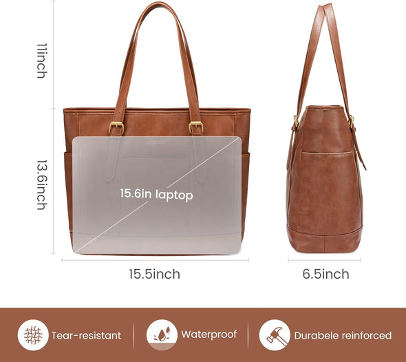 LOVEVOOK Laptop Tote Bag for Women,Vintage Leather Work Tote Bag for Women, 15.6 Inch Computer Briefcase Bag,Waterproof Teacher Business Office