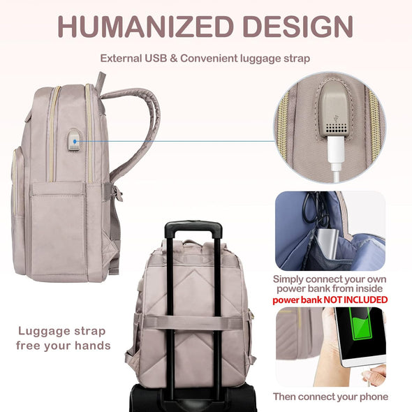 VANKEAN 15.6 Inch Laptop Backpack for Women Work Bag Fashion with USB Port, Waterproof Stylish Travel Bags Casual Daypacks for College, Business, Light Dusty Pink