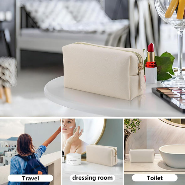 Leather Makeup Bag for Purse Travel, Portable Small Cosmetic Organizer for Women and Girls, Make up Bag with Zipper