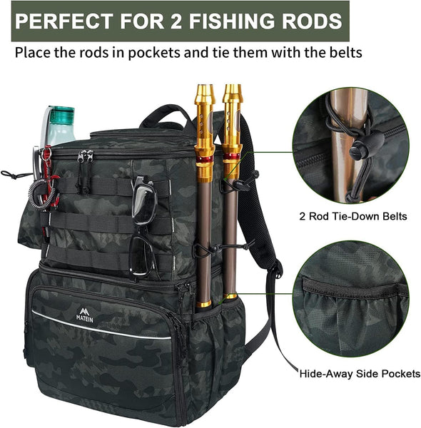 MATEIN Fishing Backpack, Water Resistant Fishing Tackle Box Bag with Rod Holders & Cooler, Gear Gifts for Men