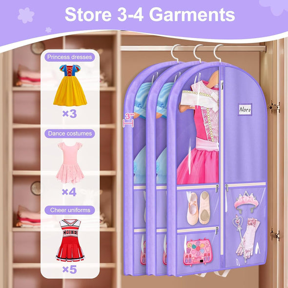MISSLO Dance Garment Bags for Dancers 40" Garment Bags for Dance Costumes with 3 Pockets Cheer Uniform Garment Bag Hanging Kids Garment Bag for Competition, Travel, 3 Packs, Purple