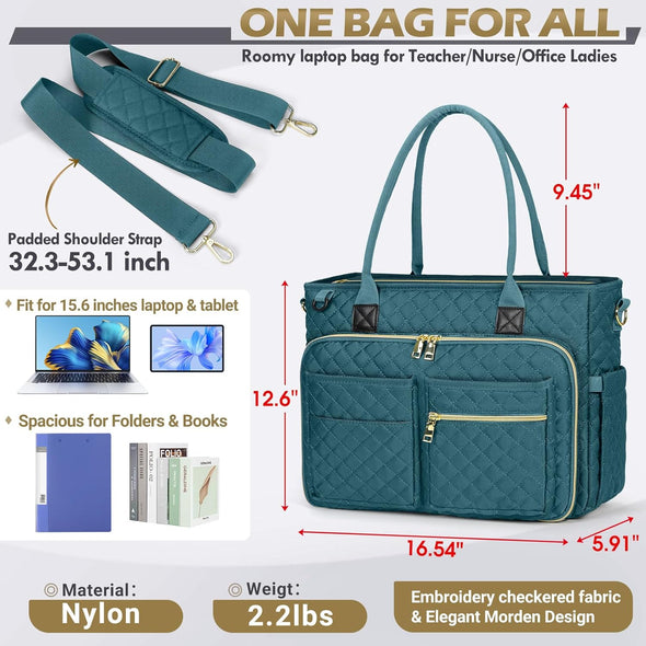 RAINSMORE Teacher Tote Bag 15.6 Inch Laptop Bag for Women Work Bags Laptop Tote Nurse Bag Professional Computer Messenger with Insulated Pocket, Laptop Briefcase for Office, College, Nursing, Teal