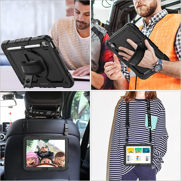 SEYMAC Stock Case for Ipad (A16) 11Th/10Th Generation 11''/10.9'' 2025/2022, Full-Body Drop Protection Case with Screen Protector &360° Rotate Hand Strap/Stand, Black