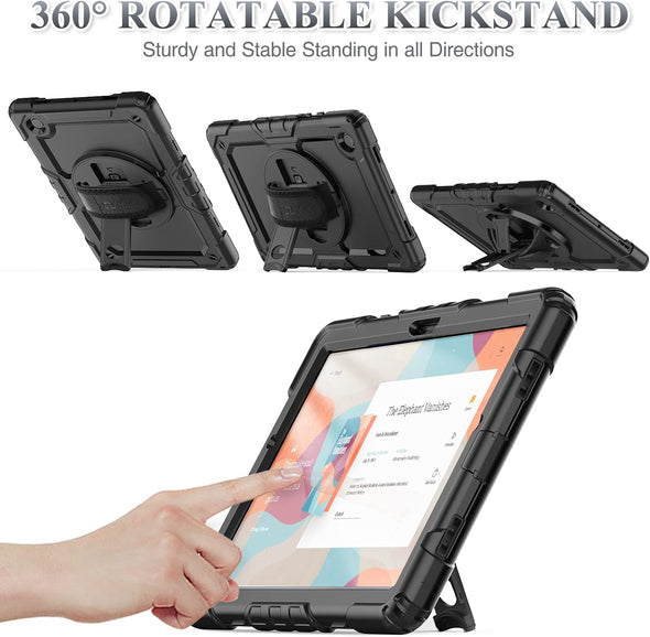 SEYMAC Stock Case for Samsung Galaxy Tab A9+ plus 11'', Full-Body Drop Protection Case with Screen Protector Pencil Holder [360° Rotating Hand Strap] &Stand, Black