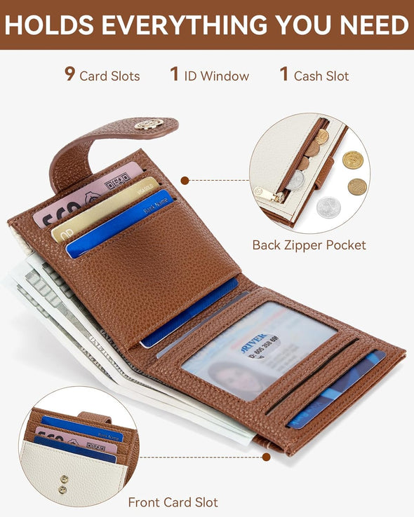 BOSTANTEN Slim Wallet for Women Small RFID Blocking Credit Card Holder Leather Bifold Wallets with Zipper Coin Pocket Beige＆Brown
