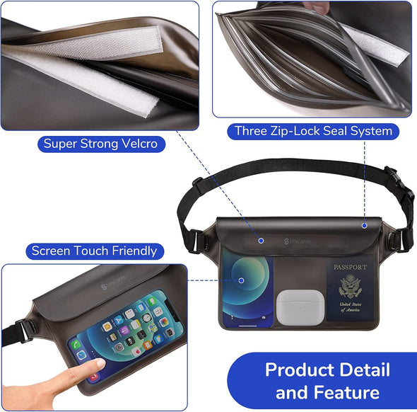SYNCWIRE Waterproof Pouch Bag with Adjustable Waist Strap (2 Pack) - IP68 Waterproof Waist Bag Screen Touchable Dry Bag with Adjustable Belt for Beach, Swimming, Boating, Fishing, Hiking, Etc