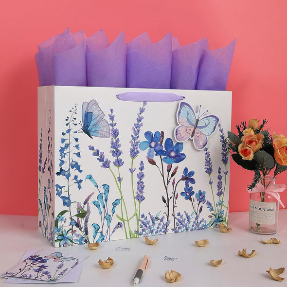 16.5" Extra Large Purple Gift Bag Set with Greeting Card and Tissue Papers (Lavender and 3D Butterfly) for Women'S Birthday Party, Girls' or Kids', Mothers' Day, Wedding, Valentine'S Day