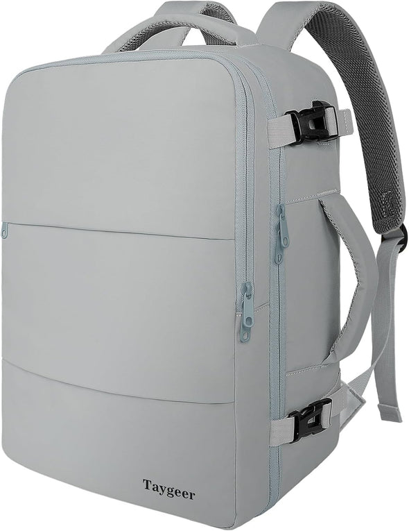 Taygeer Carry on Backpack for Men Women, Travel Backpack with USB Charging Port & Shoe Pouch, Laptop Mochila 17.3Inch Flight Approved, College Teacher Tote Bag for Business Travel, Grey