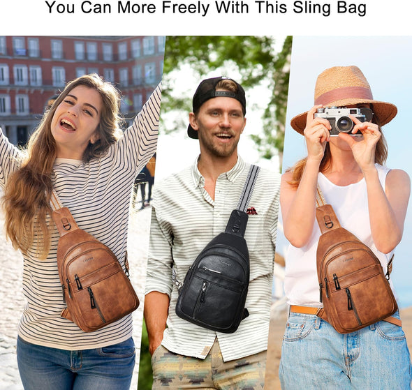 7L Sling Bag for Women Men Backpack Fanny Pack Crossbody Chest Travel Shoulder Belt Bags Purse Handbag PU Leather