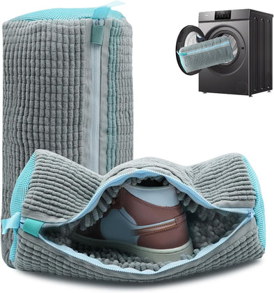 Shoe Washing Machine Bag, Laundry Shoe Bag for Washer and Dryer, Reusable Zipper Plush Sneaker Washing Machine Bag for Shoes, Gym,Tennis Shoes, Sports Delicate Gray 2Pc